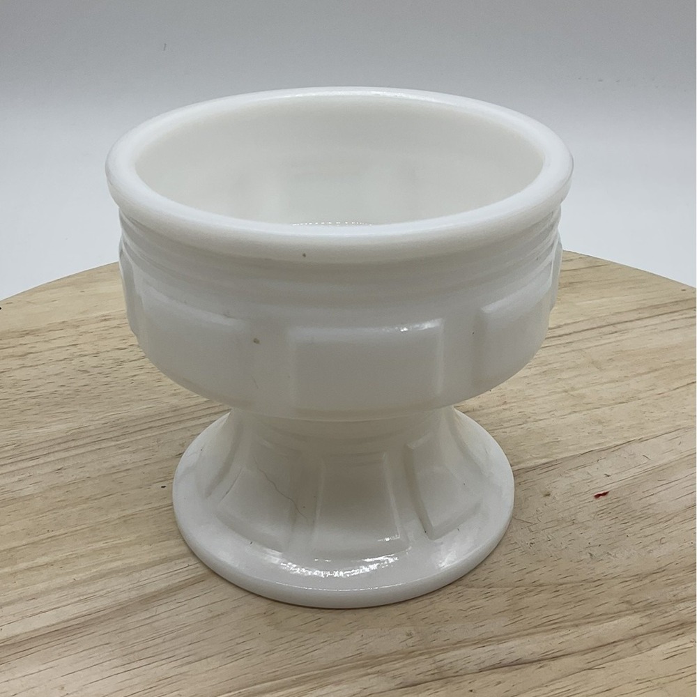 Vintage White Milk Glass Pedestal Vase Geometric Paneled Flower Frog Decor MCM